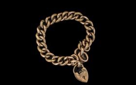 Antique Period 9ct Gold Snake Skin Design Curb Bracelet, with safety chain and heart shaped padlock,