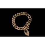 Antique Period 9ct Gold Snake Skin Design Curb Bracelet, with safety chain and heart shaped padlock,