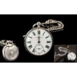 Victorian Period - Excellent Sterling Silver Open Faced Keywind Pocket Watch, with attached