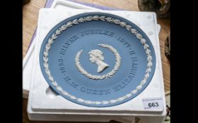 Wedgwood Blue Jasper HM The Queen Silver Jubilee Plate, 1952 - 1977. In original box.