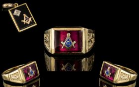 A 14ct Gold Masonic Signet Ring, top with red polished stone inset with set square in gold.