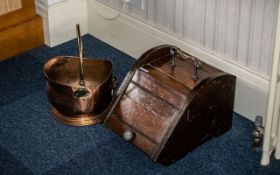 Antique Wooden Coal Bin with lifting top, together with a brass traditional coal scuttle.