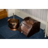 Antique Wooden Coal Bin with lifting top, together with a brass traditional coal scuttle.