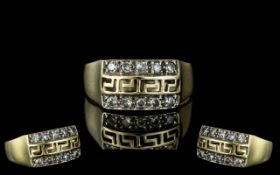 14ct Gold - Greek Key Design Diamond Set Ring. Marked 585 to Interior of Shank. The Diamonds of Good