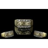 14ct Gold - Greek Key Design Diamond Set Ring. Marked 585 to Interior of Shank. The Diamonds of Good