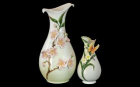 Two Graff Porcelain Vases With Applied Floral Decoration In Pink, Browns And Greens.