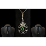 Antique Period Attractive 18ct White Gold Pendant - Set With Diamonds, Seed Pearls & Emeralds.