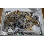 Box of Costume Jewellery, comprising beads, crystal necklaces, brooches, bangles, chains, watches,