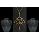 Antique Period - Exquisite and Superb 9ct Gold Open Worked Pendant - Brooch.
