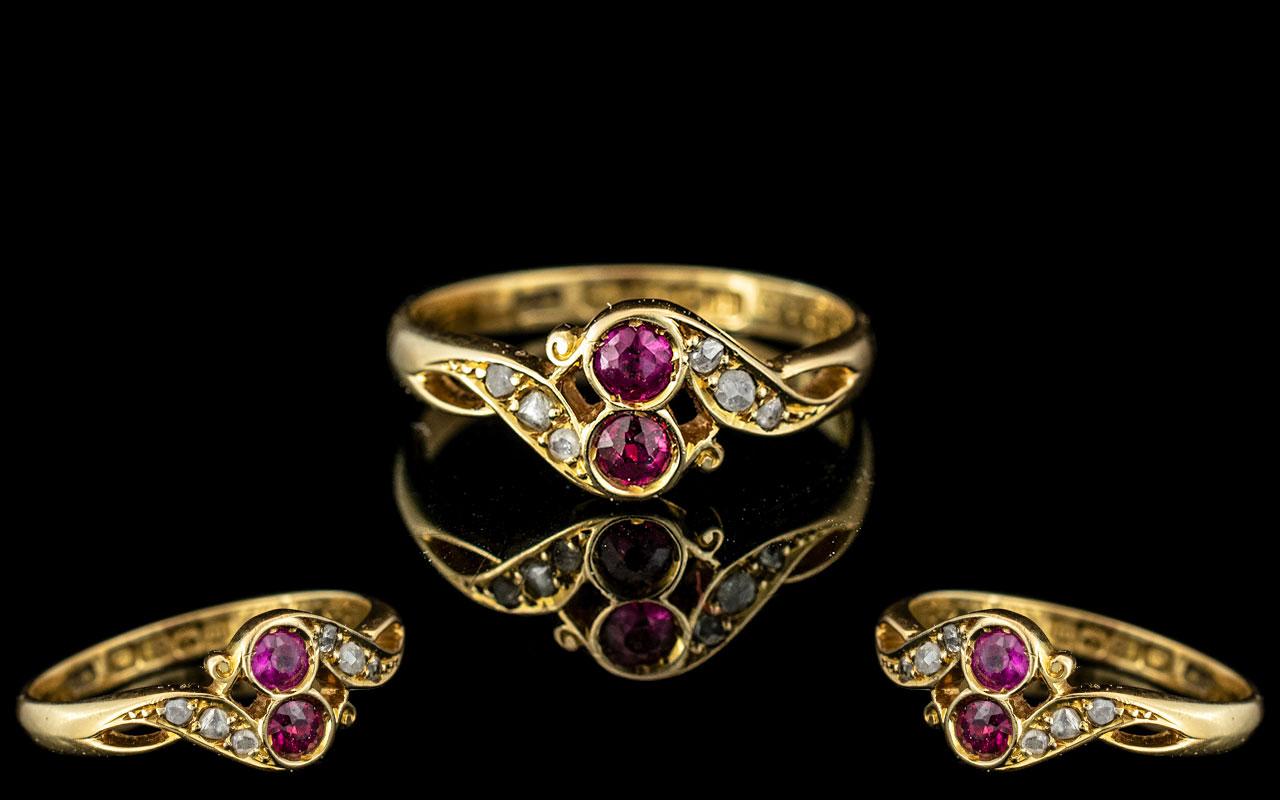 Edwardian Period - Exquisite 18ct Gold Rubies and Diamonds Set Ring.