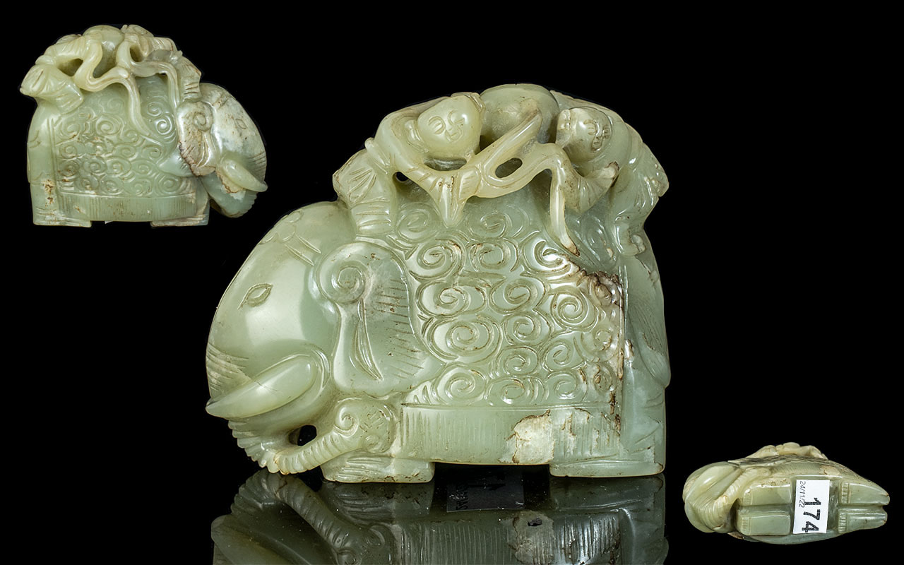 Chinese - Quianlong Period 1711 - 1799 Jade Carving / Sculpture of Boys On an Elephant.