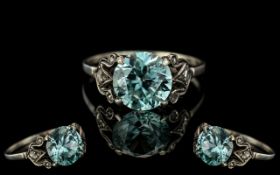 Antique Period Superb 18ct White Gold Blue Zircon & Diamond Set Ring,
