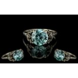 Antique Period Superb 18ct White Gold Blue Zircon & Diamond Set Ring,