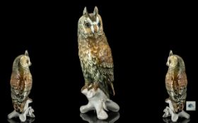 Karl Emms Superb Handpainted Porcelain Figure 'Owl', on perch. Karl Emms mark/stamp to base.