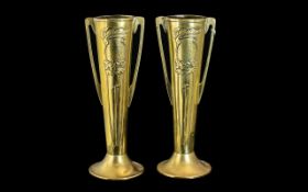 A Pair of Brass Art Nouveau Spill Vases Embossed Floral Front, Height 10 inches.