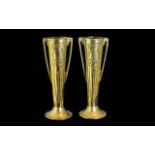 A Pair of Brass Art Nouveau Spill Vases Embossed Floral Front, Height 10 inches.