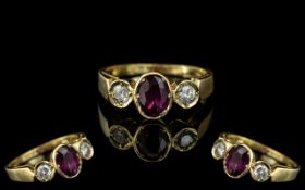 18ct Gold Attractive 3 Stone Ruby and Diamond Set Dress Ring.