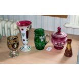 Collection of Five Quality Coloured Glass Items, comprising Victorian Bohemian hand painted goblet,
