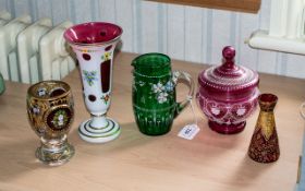 Collection of Five Quality Coloured Glass Items, comprising Victorian Bohemian hand painted goblet,