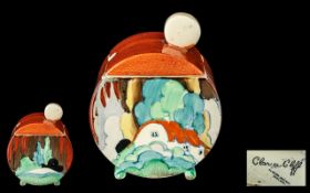 Clarice Cliff Hand Painted Small Lidded Preserve Pot ' Forest Glen ' Red Roofs Design. c.1935.