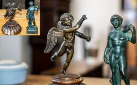 Two Small Bronze Figures, one Grand Tour style of a winged figure 6" tall,