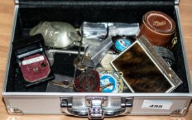 Box of Collectible Items, including silver six pences, Crowns, Army pin badge,