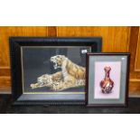 Large Oriental Silk Stitch of Two Tigers, mounted, glazed and framed in black contemporary frame,