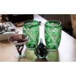 Collection of Coloured Glassware, comprising two green cut glass crystal vases with star