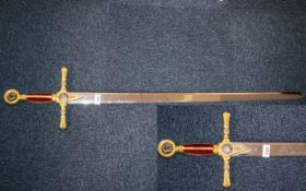 Large Decorative Excalibur Type Display Fantasy Sword, with elaborate red and gold handle,