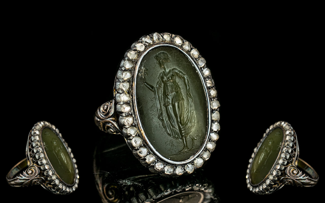 An Antique Hard Stone Intaglio Depicting A Classical Figure Surrounded By Rose Cut Diamonds,