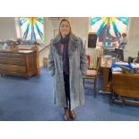 Grey Full Length Sheepskin Coat, In Good Clean Condition, Fully Lined, With Waist Buckled Belt.