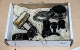 Box of Collectibles comprising a pair of Victorian folding spectacles in a box,