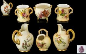Royal Worcester Collection of Hand Painted Blush Ivory Ceramic Jugs, Three Handled Cups etc ( 6 )