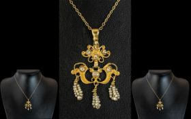 Antique Period - Attractive and Exquisite 18ct Gold Pendant with Seed Pearl Set Tassels,