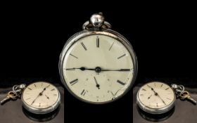 English Sterling Silver Keywind Open Faced Pocket Watch with Key.