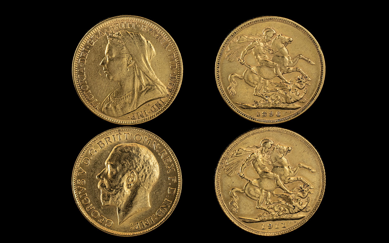 A Pair of 22ct Gold Full Sovereigns, comprising 1. George V date 1911, 2.