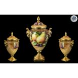 Coalport Hand Painted Porcelain Fruits Twin Handled Lidded Vase ' Apples and Pears ' Stillife.