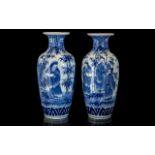 An Antique Pair of Chinese Blue & White Vases, highly decorated, scholars and bamboo. Superb order.