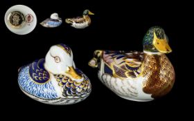 Royal Crown Derby Pair of Paperweights. Comprises 1/ Duck, Gold Stopper. Issued 1981 - 1997.