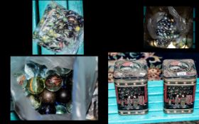 Two Vintage Tea Tins Full of Marbles, assorted designs and colours.