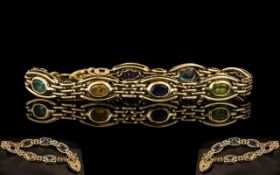 Ladies Attractive 9ct Gold - Sapphire and Peridot Set Bracelet with Safety Chain and Heart Shaped