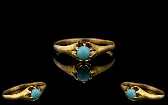 Antique Period Gypsy 18ct Gold Single Stone Attractive Turquoise Set Ring In A Gypsy Setting Marked