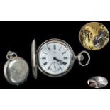 An Omega Full Hunter Pocket Watch, white enamel dial, Roman numerals, with subsidiary seconds.