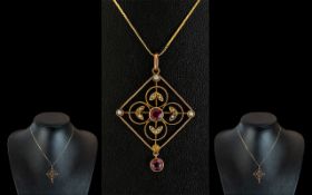 Antique Period - Attractive 9ct Gold Open Worked Pendant Set with Rubies and Seed Pearls.