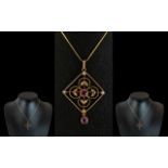 Antique Period - Attractive 9ct Gold Open Worked Pendant Set with Rubies and Seed Pearls.