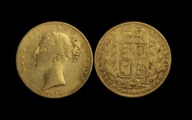 Queen Victoria 22ct Gold Young Head Shield Back Full Sovereign ( Scarce ) Date 1843.
