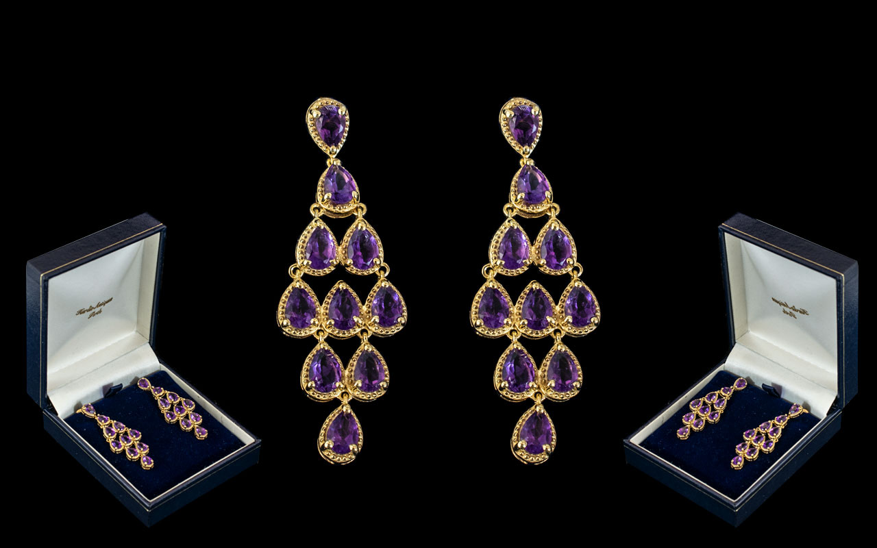 Antique Period Style - Pair of 15ct Gold on Silver Amethyst Set Drop Earrings,