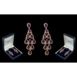 Antique Period Style - Pair of 15ct Gold on Silver Amethyst Set Drop Earrings,