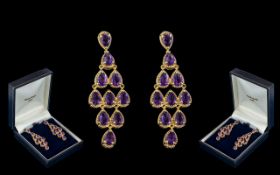 Antique Period Style - Pair of 15ct Gold on Silver Amethyst Set Drop Earrings,