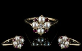 Ladies 9ct Gold Attractive Pearl Diamond Ruby Set Dress Ring. Fully Hallmarked. Ring Size M.